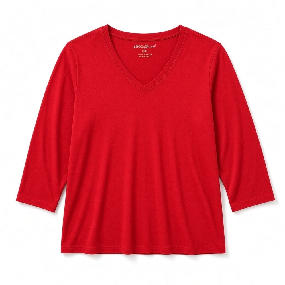 Eddie Bauer Womens Red V-Neck Long Sleeve Basic Cotton Tee Shirt Plus 1X 2759